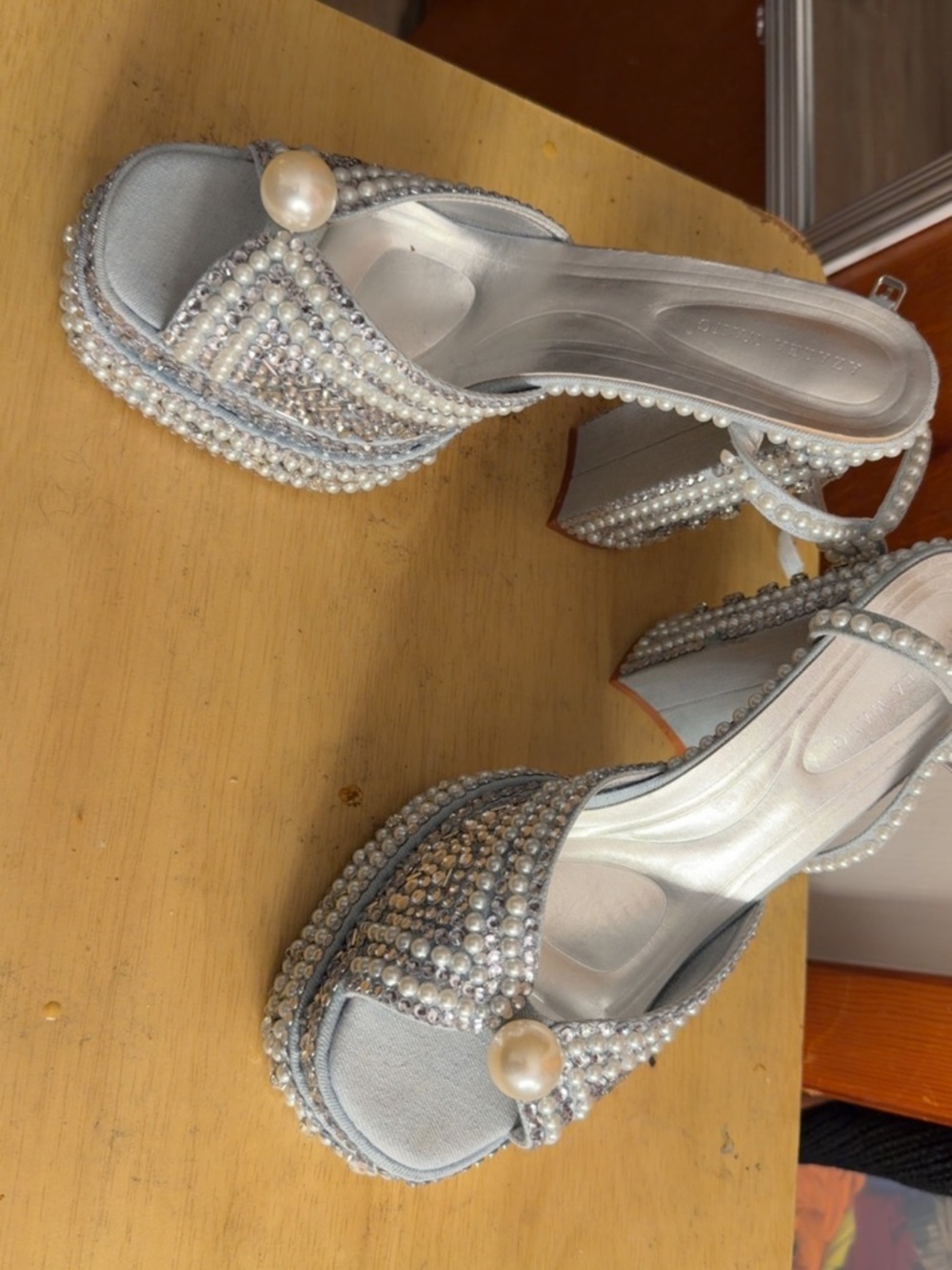 AKIRA Silver Pearl & Rhinestone Peep-Toe Heels